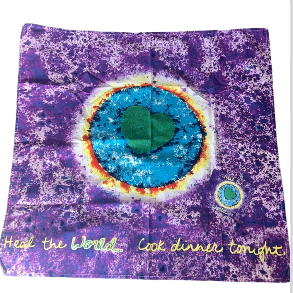 Penzeys Tie Dye Heal The World Cook DInner Tonight Towel / Cloth and Magnet